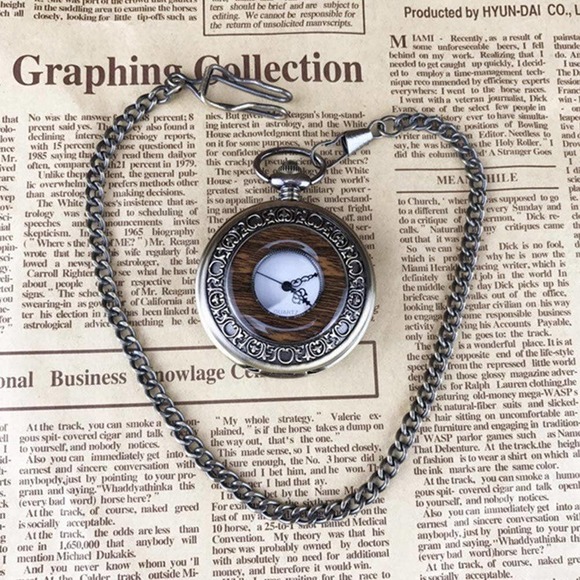 Woodgrain Pocket Watch NEW Hollow Cutout Quartz Vintage Bronze Watch Chain - Picture 4 of 4